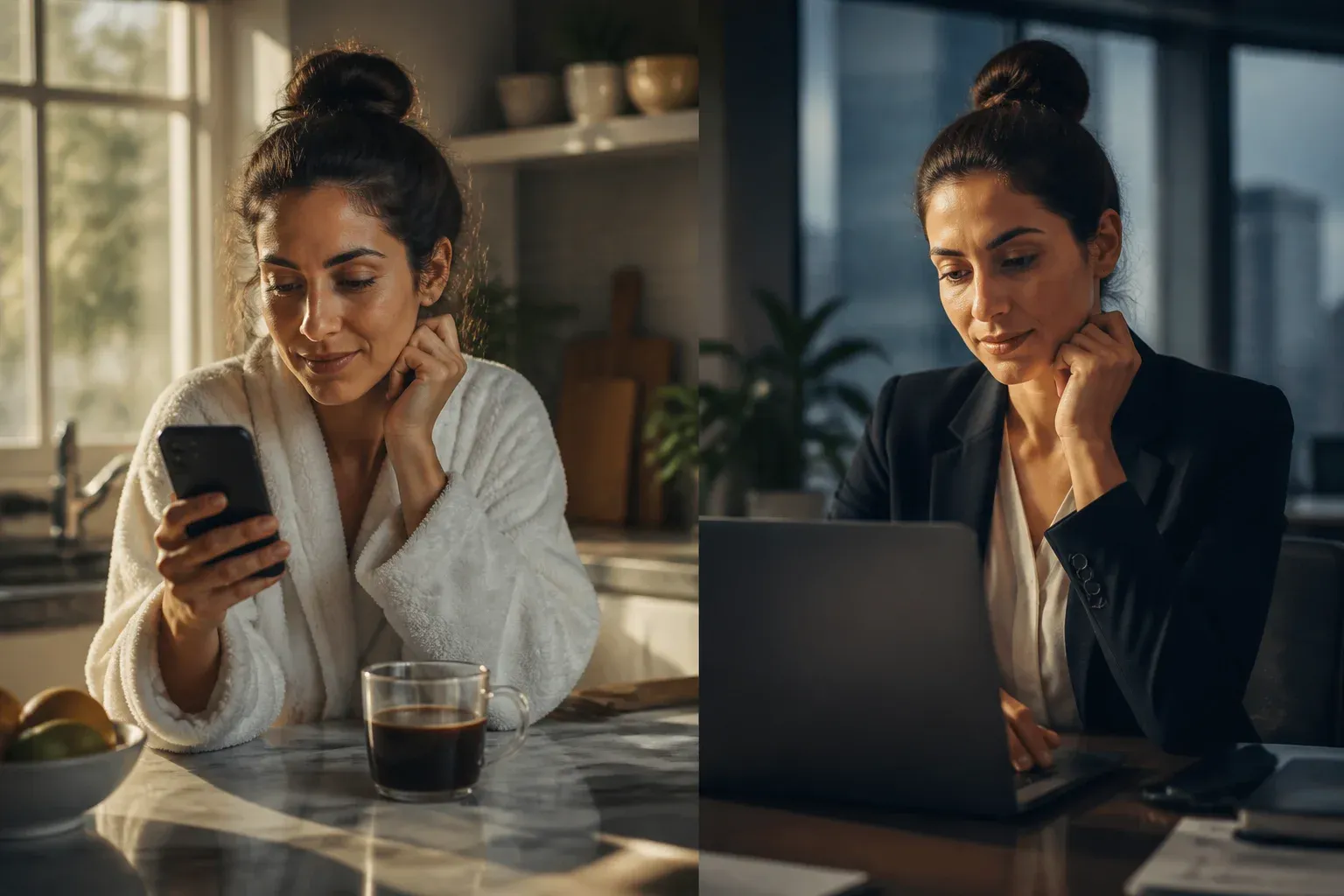 אישה צופה בסרטון בטלפון בבוקר ואחר כך נכנסת לאתר במחשב