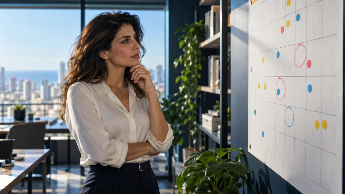לוח שנה על קיר משרד עם תאריכים מסומנים ובעל עסק שבודק אותו
