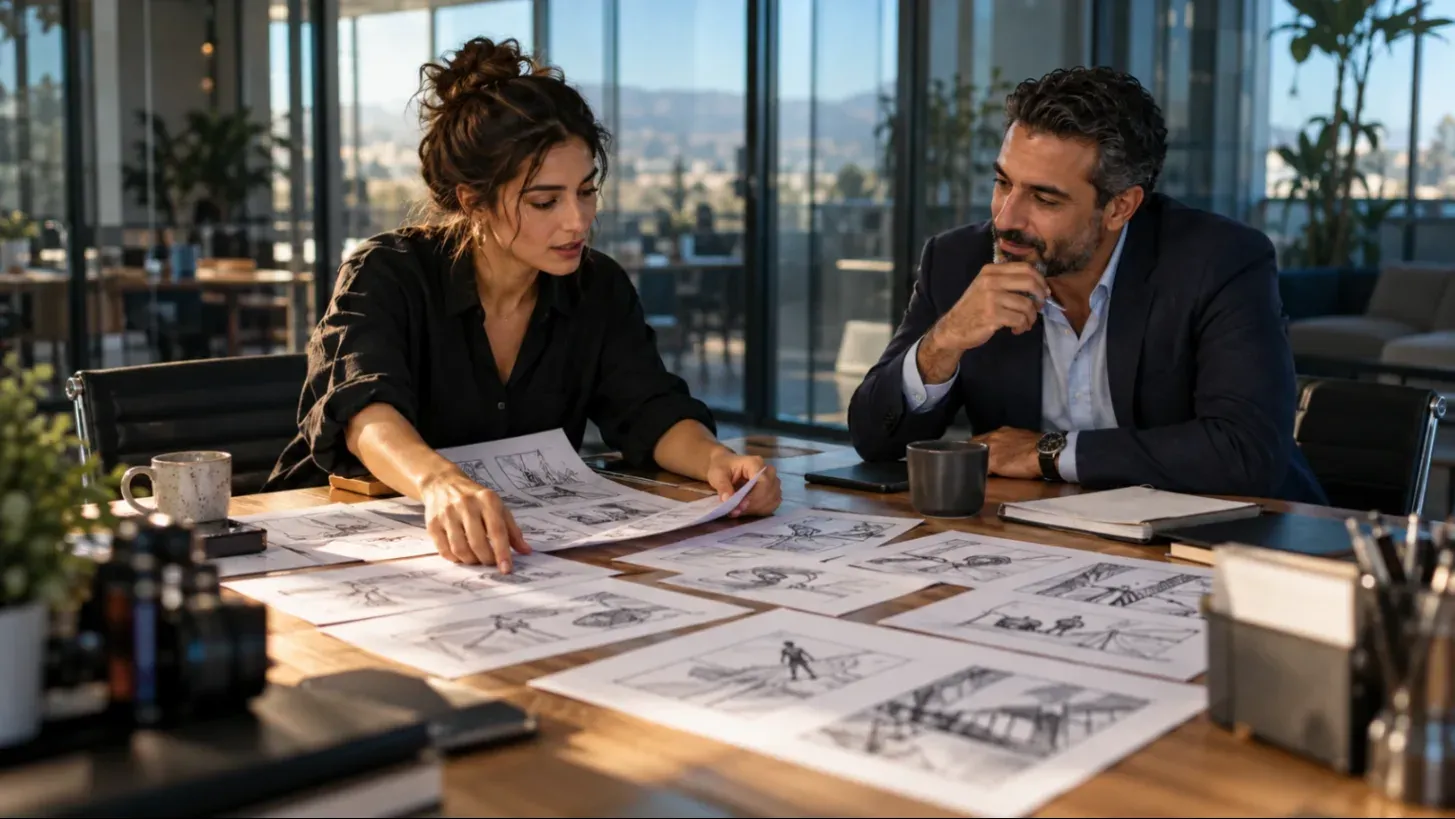 מפיקה מציגה תסריט ולוח תכנון ללקוח בחדר ישיבות