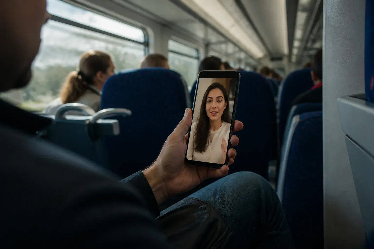 טלפון ביד מציג סרטון אנכי של אישה מדברת, בתוך רכבת מלאה אנשים