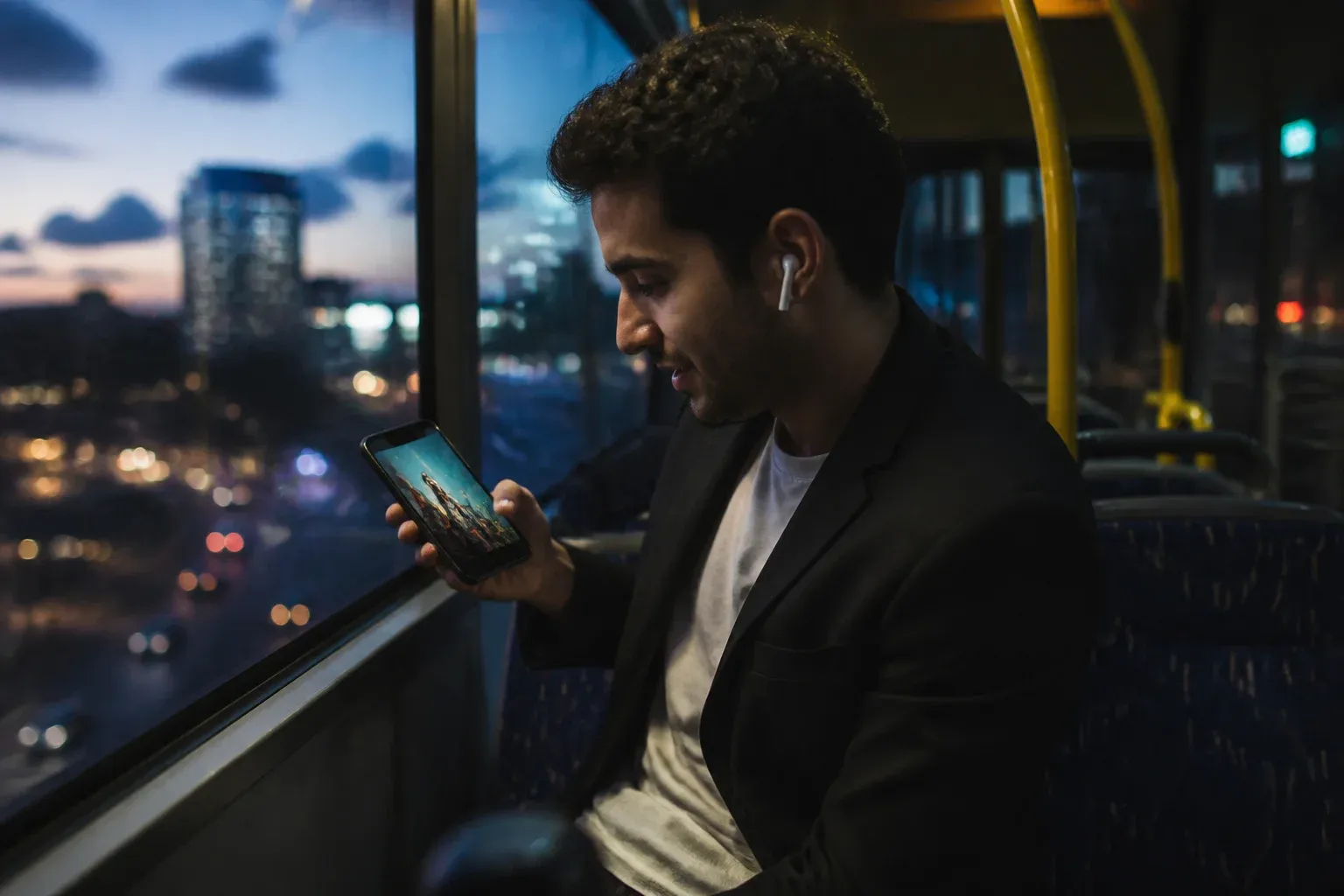 גבר צעיר צופה בסרטון אנכי במסך מלא בזמן נסיעה באוטובוס