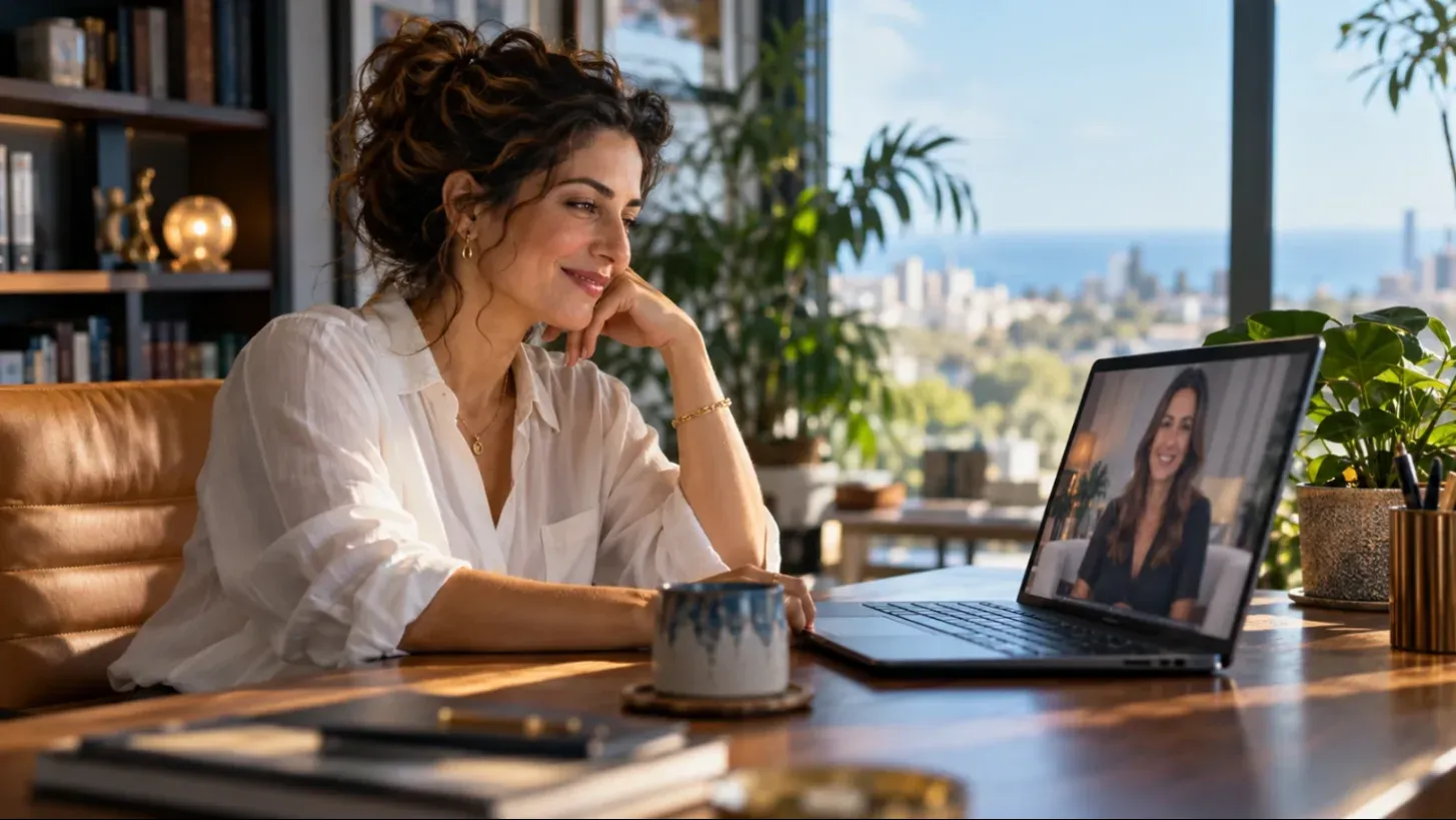 בעלת עסק צופה בסרטון של העסק שלה על מחשב נייד במשרד ביתי מואר