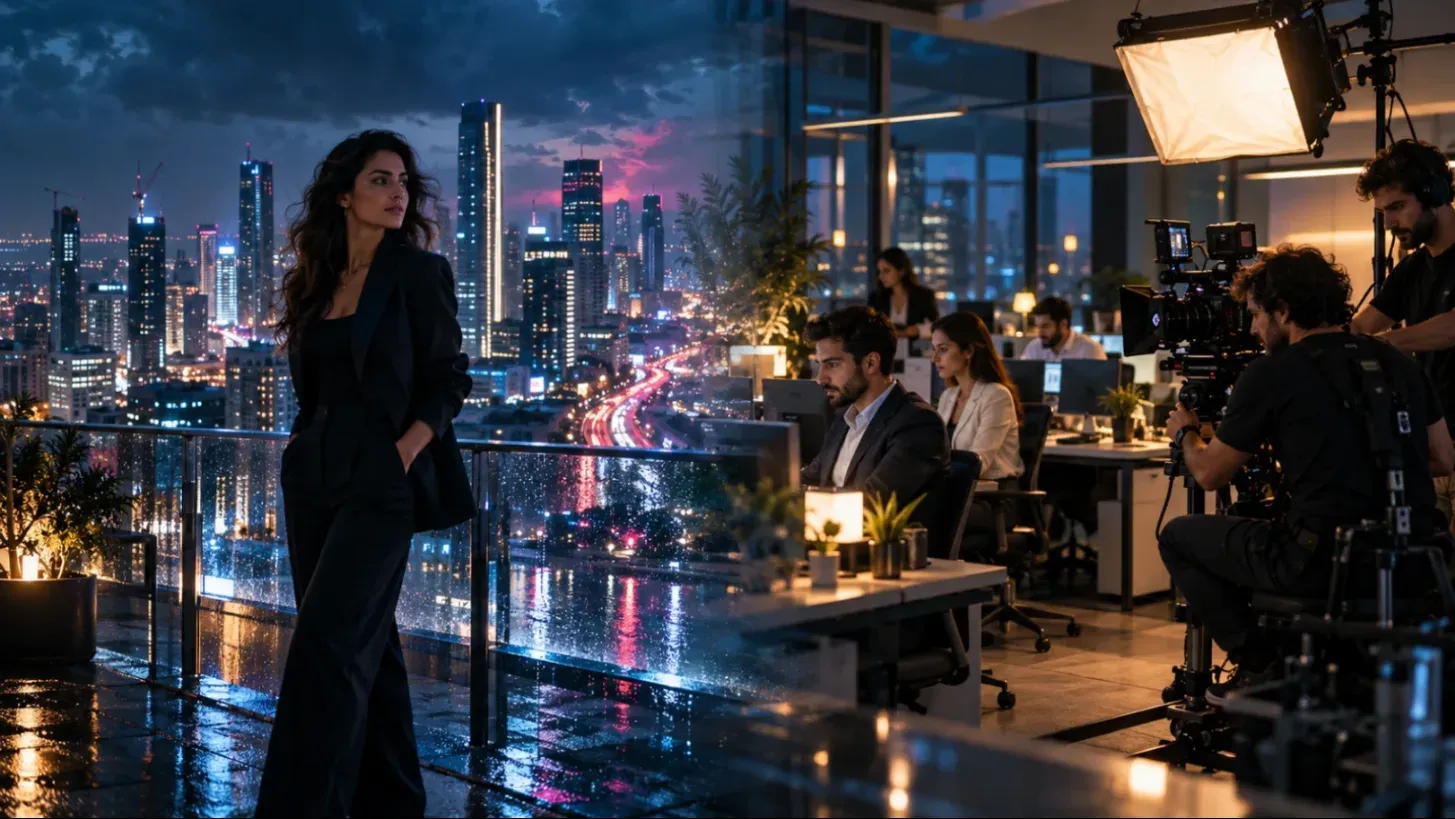מימין סט צילום במשרד עם צוות אמיתי ומשמאל סצנה קולנועית מעוצבת של עיר בלילה