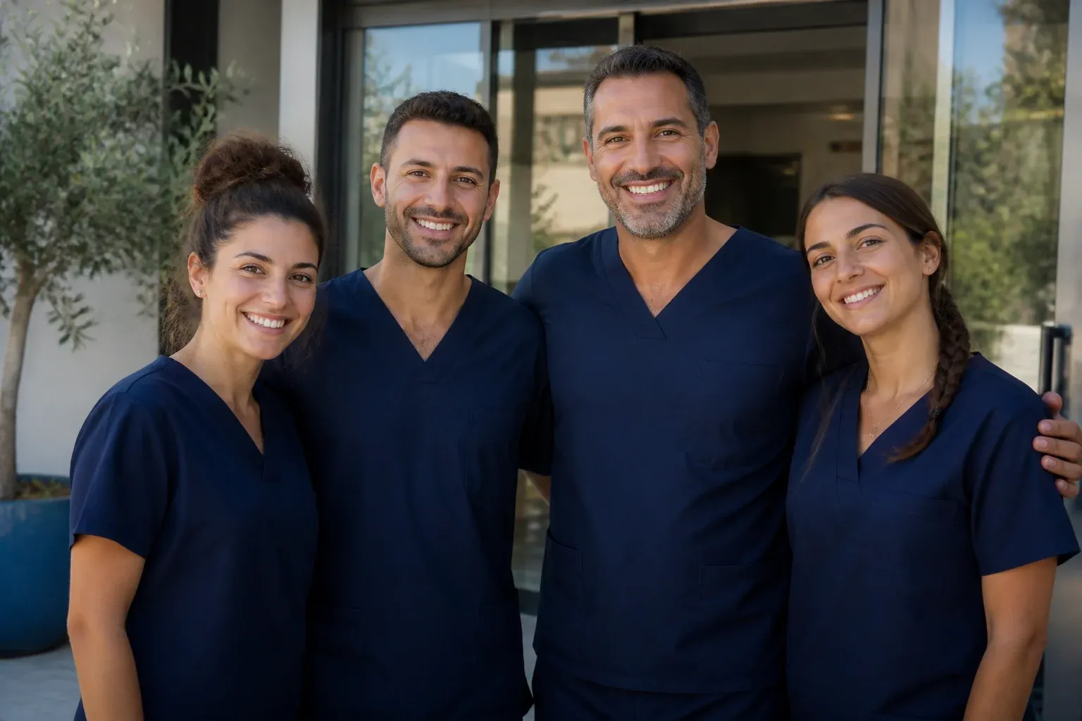 צוות קליניקה קטן עומד יחד בכניסה למרפאה, במדים מסודרים, ומחייך